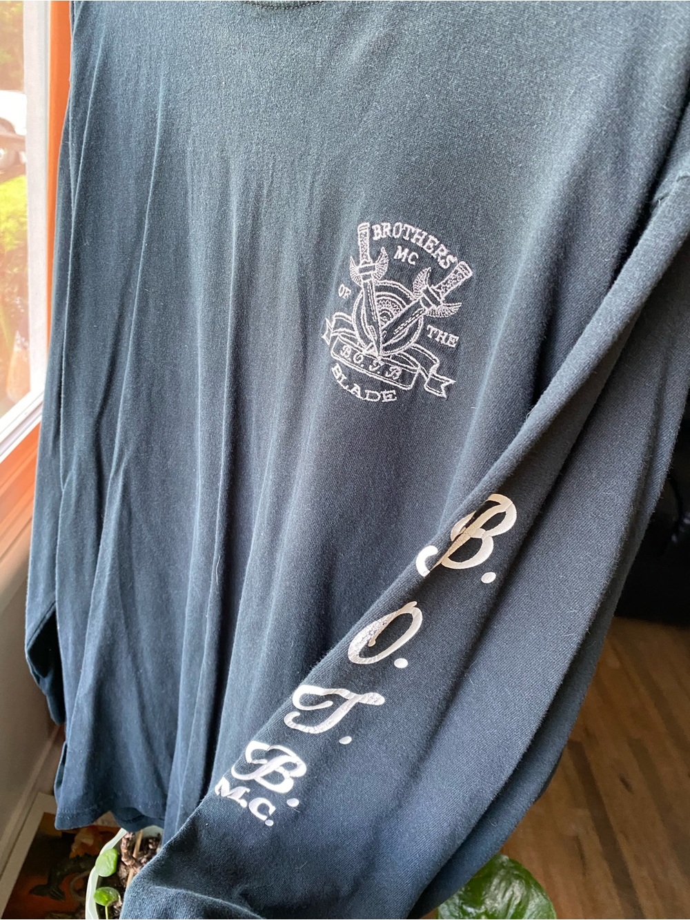 Gildan Black Long-Sleeve Biker Graphic Tee with White Chest and Sleeve Logos